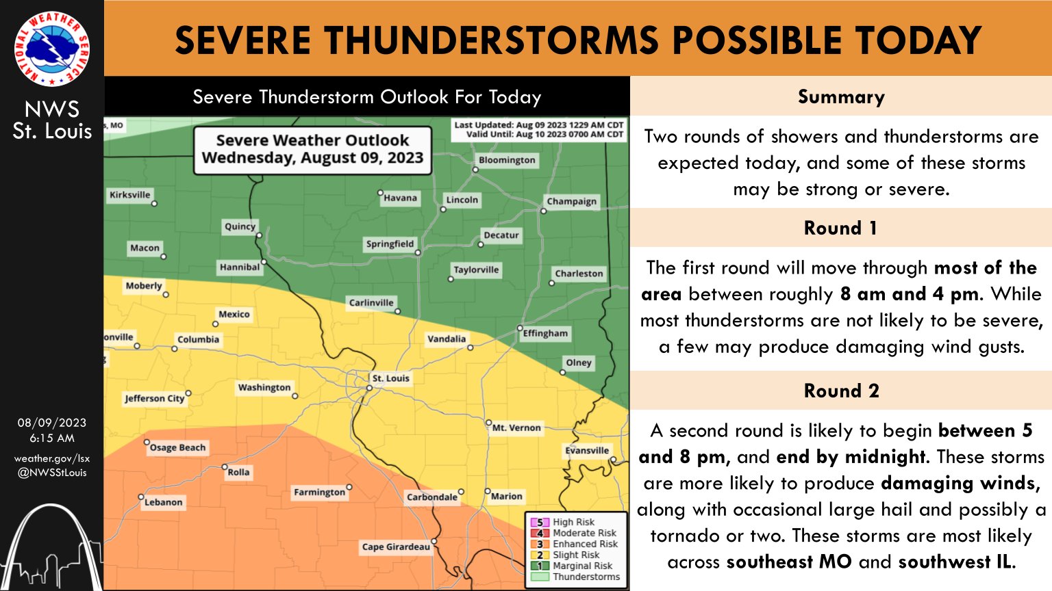 NWS: Damaging wind gusts and a few thunderstorms are possible in mid-Missouri this morning
