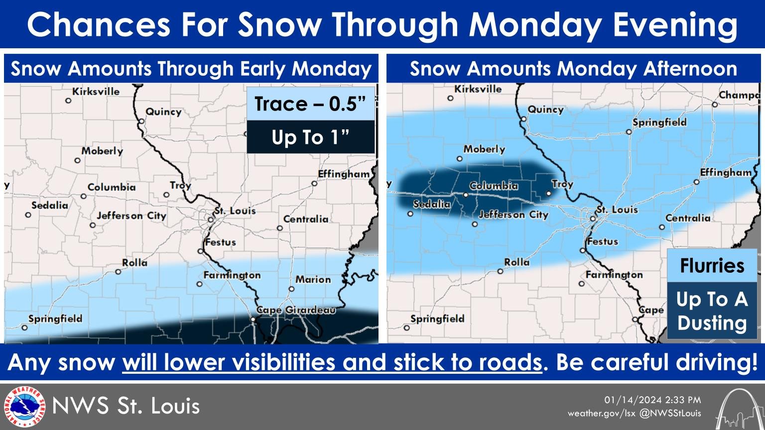 Columbia’s wind chill warning continues; light snow expected Monday near I-70 corridor