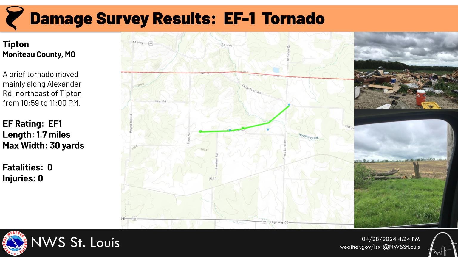 UPDATE: NWS says an EF-1 tornado hit mid-Missouri’s Tipton this weekend